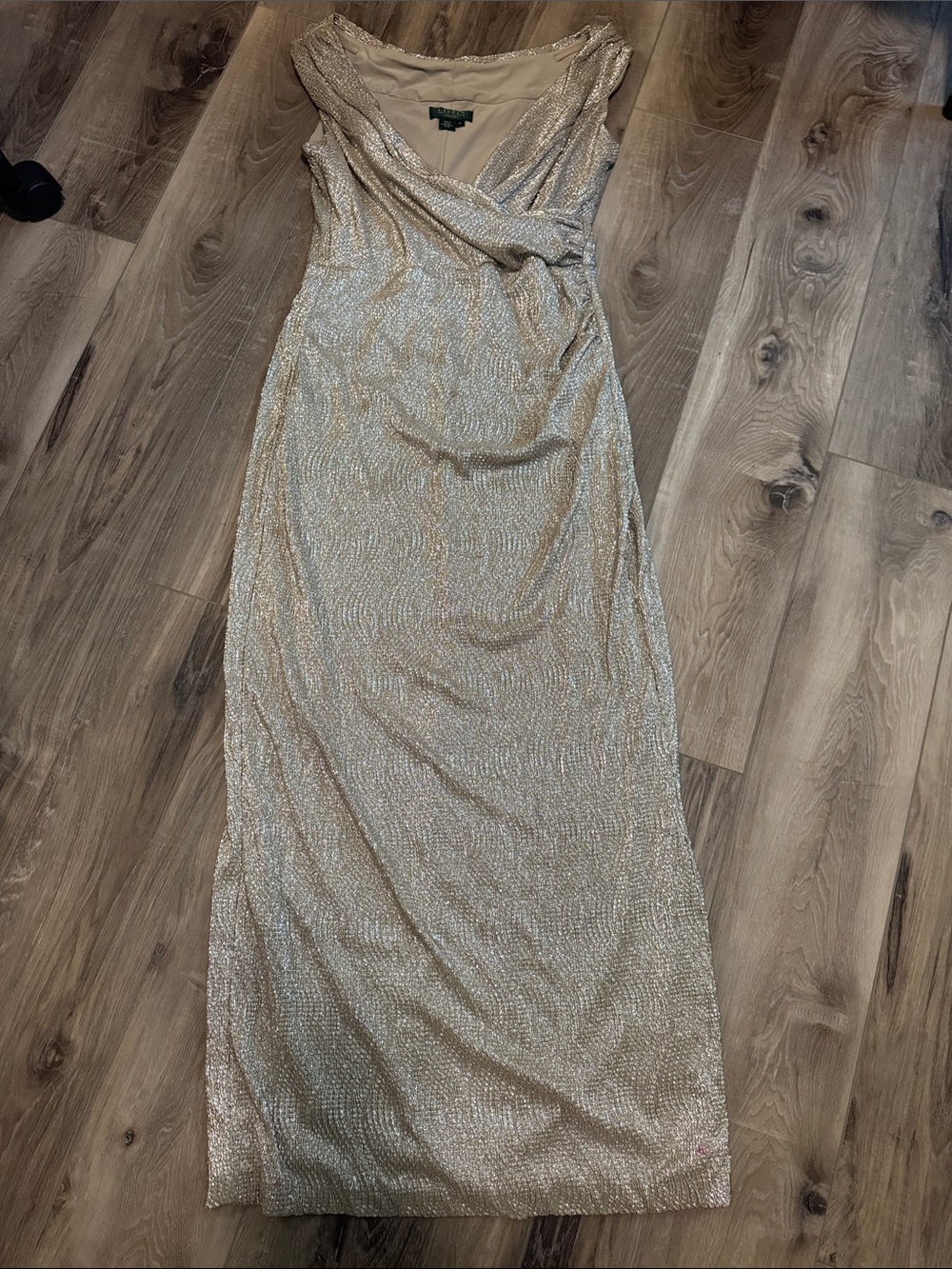 Lauren Ralph Lauren Champagne Sequin Draped Maxi Dress